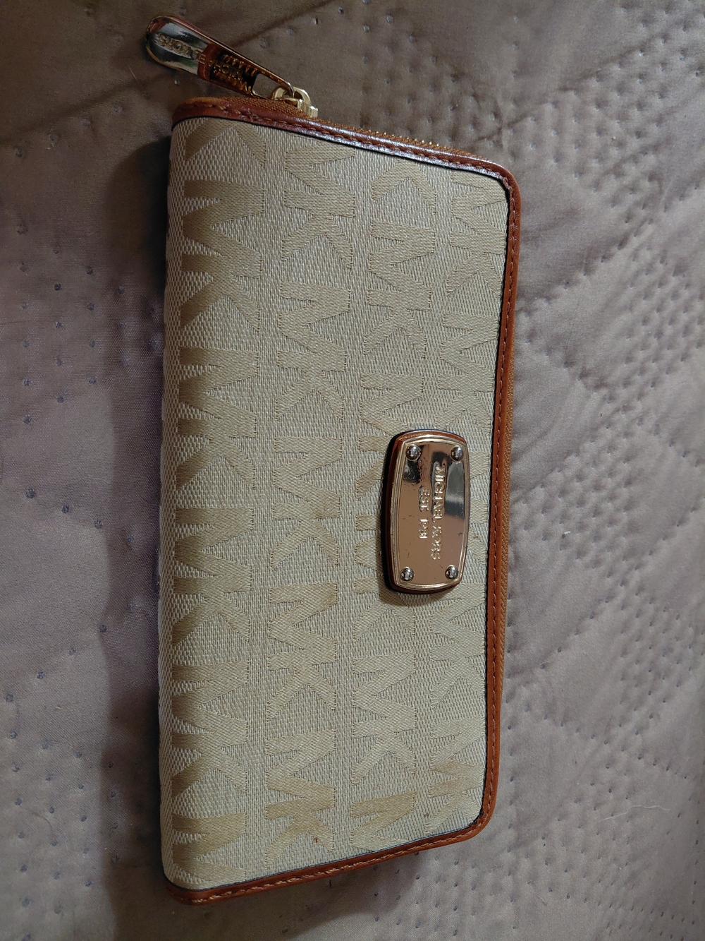 Michael Kors Cream Logo Zip Wallet with Brown Trim
